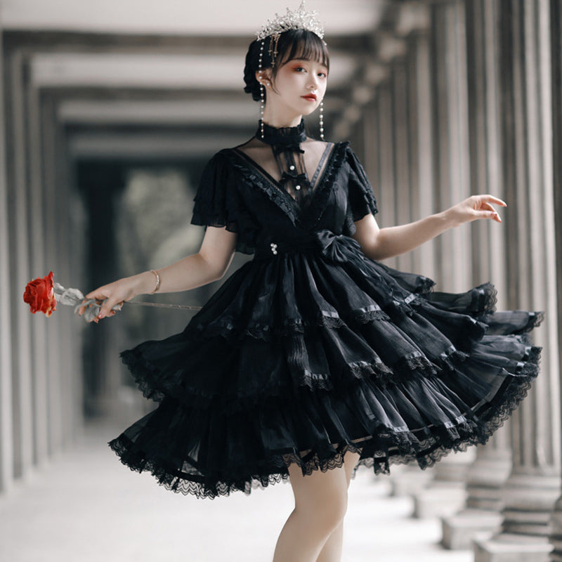 Elegant High Collar Lace Bow Knot Lolita Dress modakawa