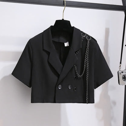 Black Chain Lapel Crop Blazer Irregular Belted Pleated Skirt modakawa