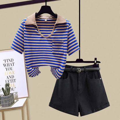 Stripe Pocket Crop Top T-Shirt Denim Shorts modakawa