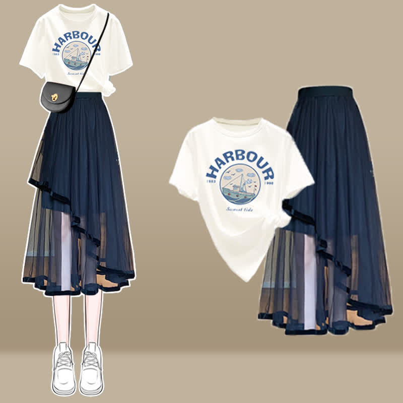 Cartoon Bow Print T-Shirt Irregular Tulle SKirt Set modakawa