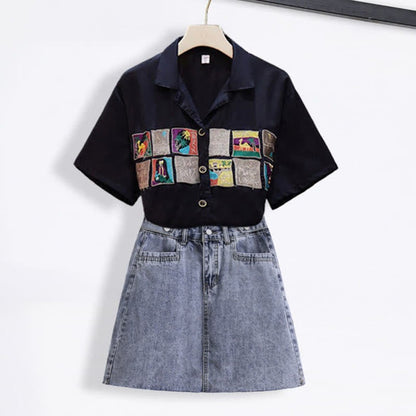 Embroidery Loose Laple T-Shirt Denim Skirt modakawa