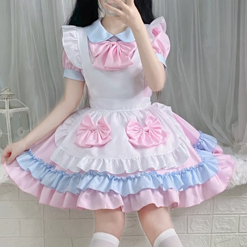 Sweet Pink Bow Knot Ruffled Maid Lolita Dress Modakawa