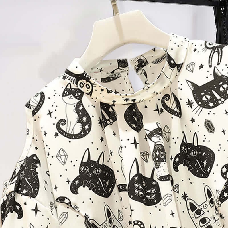 Kitty Print Cold Shouder Chiffon Shirt Casual Denim Shorts modakawa