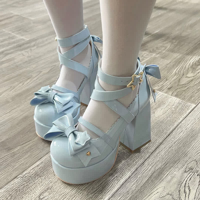 Bow Knot Star Buckle Lolita High-heeled Shoes modakawa