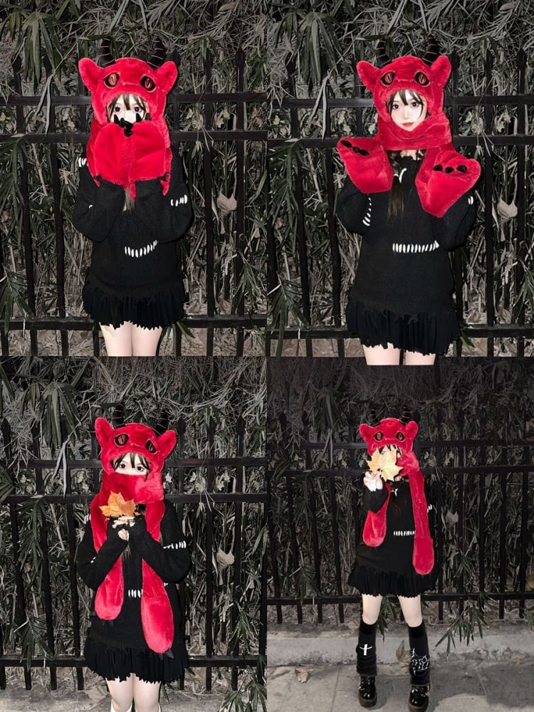 Red Devil Gothic Winter Scarf Gloves Plush Hat mySite