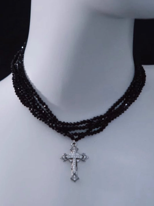 Silver Cross Pendant Black Multi Layers Necklace mySite