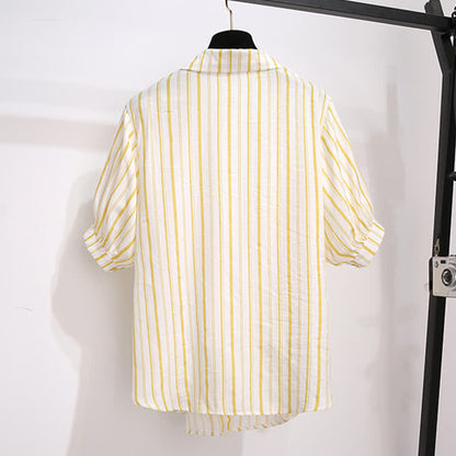 Fake Two Pieces Stripe Lapel T-Shirt Pocketed Denim Shorts modakawa