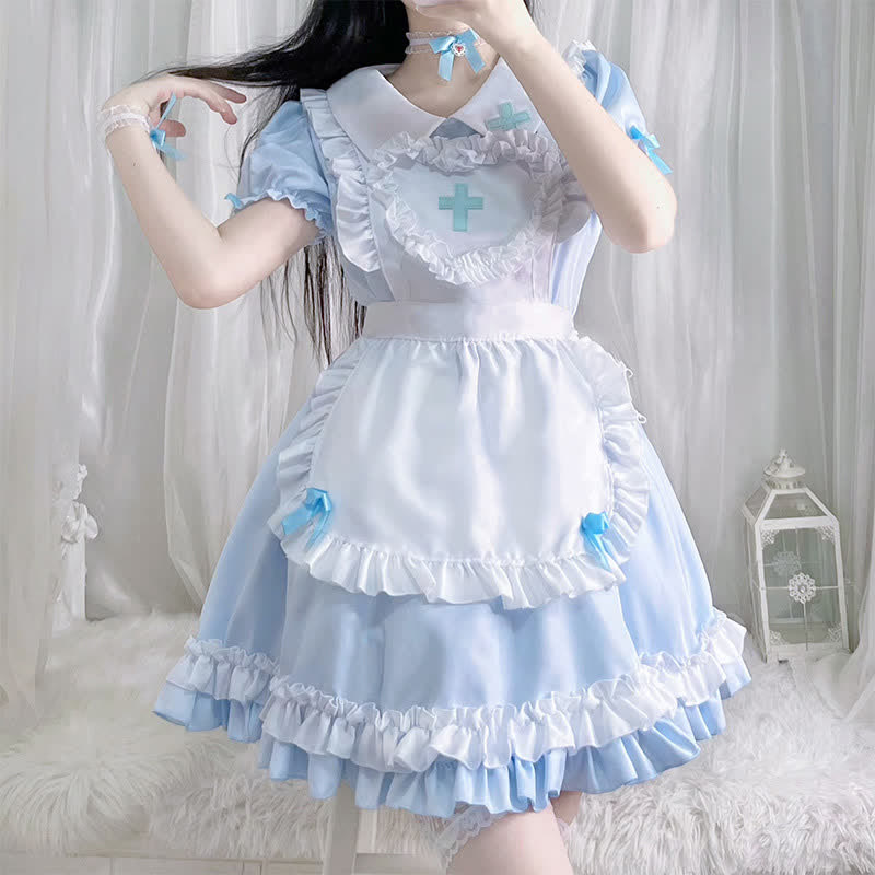 Kawaii Cross Print Ruffled Maid Lolita Dress Set Modakawa