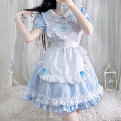 Kawaii Cross Print Ruffled Maid Lolita Dress Set Modakawa