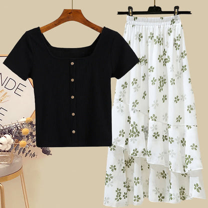 Sqaure Collar Pure Color T-Shirt Floral Print Skirt Set modakawa