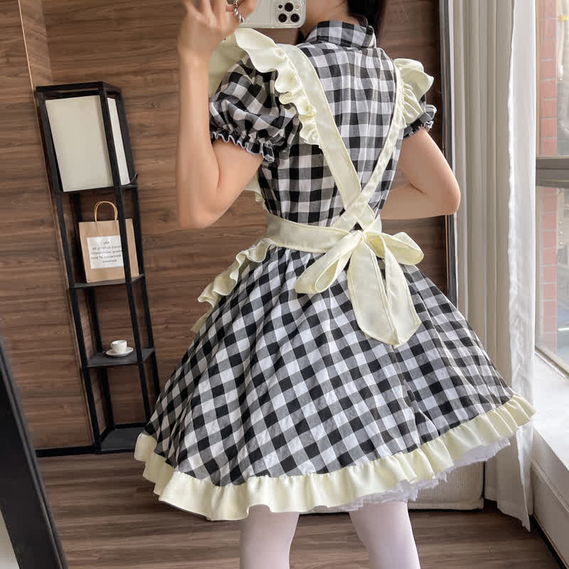 Sweet Bow Knot Ruffled Plaid Maid Dress Modakawa