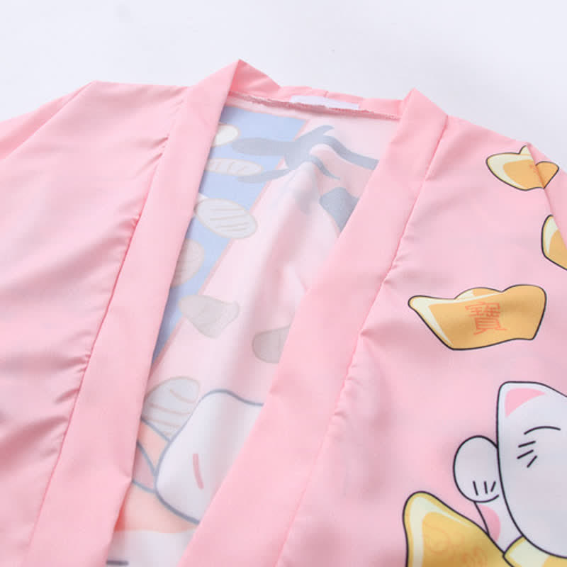 Lucky Cat Letter Print Cardigan Kimono Outerwear modakawa