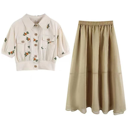 Floral Embroidery Lapel Pocket T-Shirt Long Skirt modakawa