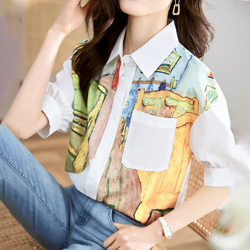 Colorblock Painting Print Pocket Lapel Shirt modakawa