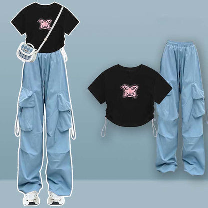 Butterfly Print Draw String T-Shirt Pocketed Cargo Pants modakawa