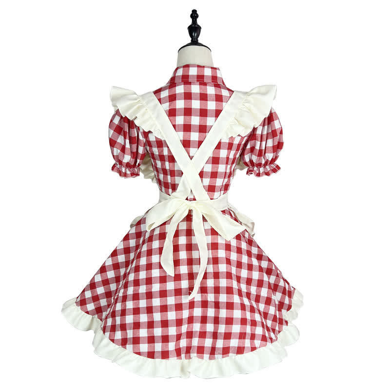 Sweet Bow Knot Ruffled Plaid Maid Dress Modakawa