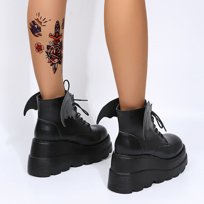 Black Punk Goth Wings Lace Up High Wedge Boots modakawa