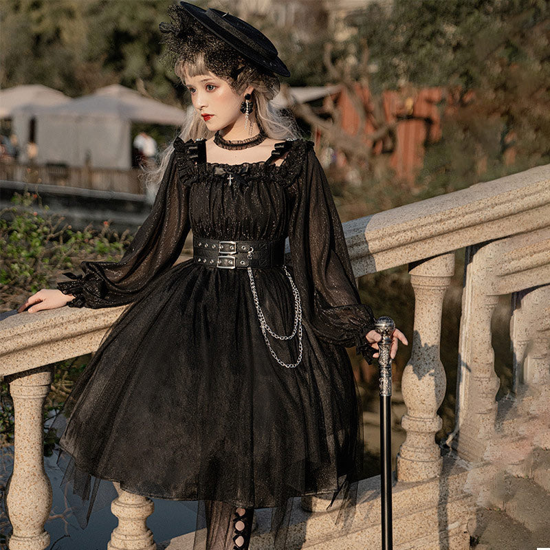 Black Chain Belt Long Sleeve Slip Lolita Dress modakawa