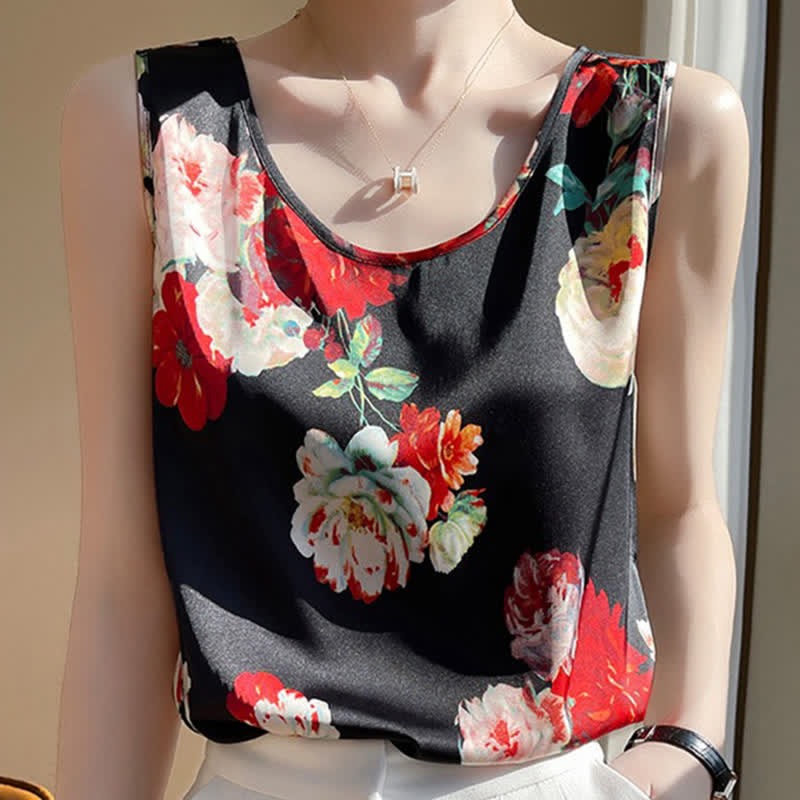 Vintage Floral Print Satin Cami Top Workwear modakawa