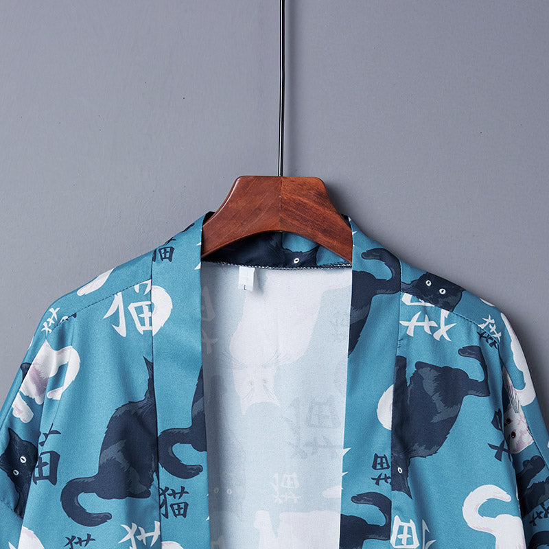 Cute Blue Cat Print Casual Kimono Outerwear Modakawa