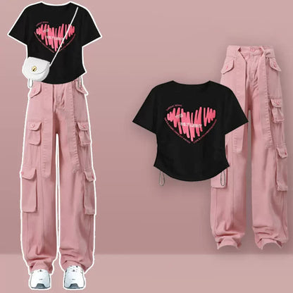 Pink Love Heart Print Crop Top T-Shirt Pink Cargo Pants modakawa