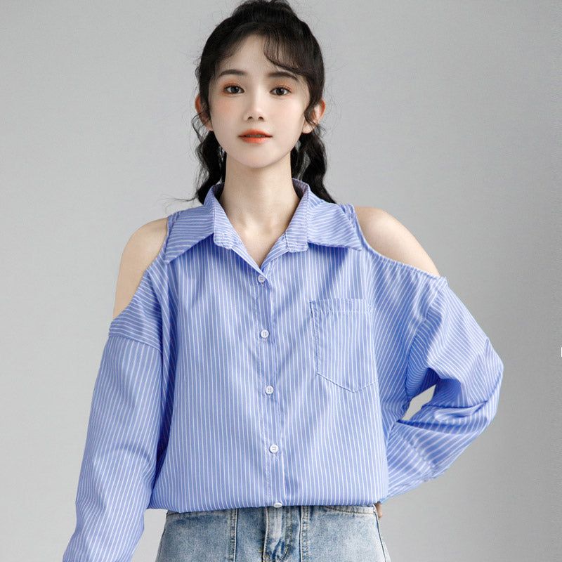 Chic Blue Striped Hollow Out Lapel Shirt Modakawa