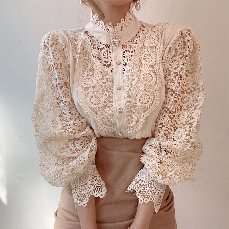 Elegant Pearl Hollow Out Lace Shirt Modakawa