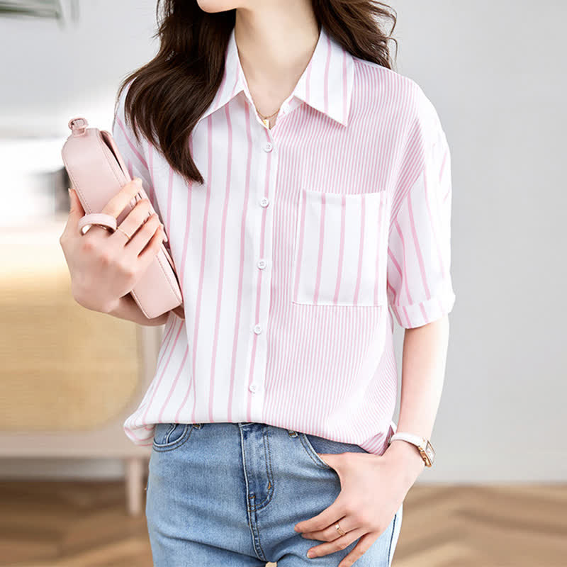 Stripe Print Short Sleeve Lapel Shirt