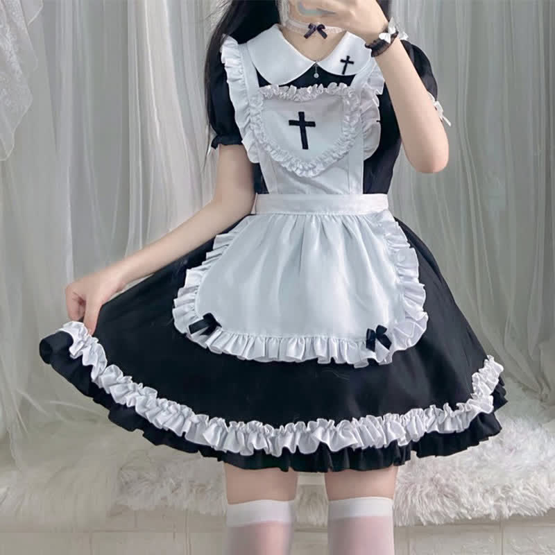 Kawaii Cross Print Ruffled Maid Lolita Dress Set Modakawa