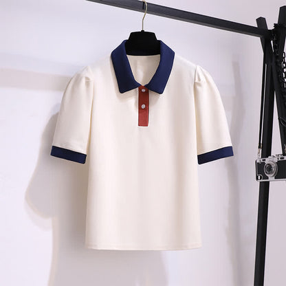 Colorblock Lapel T-Shirt Belted Denim Shorts modakawa