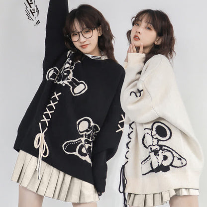 Cartoon Bear Lace Up Sweater Pleated Skirt Set modakawa