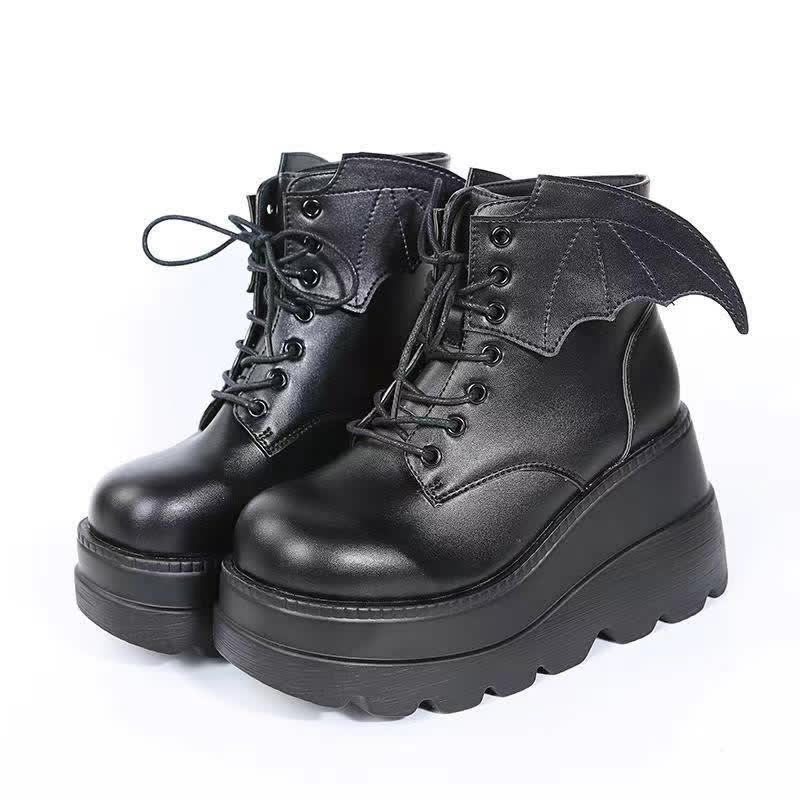 Black Punk Goth Wings Lace Up High Wedge Boots modakawa