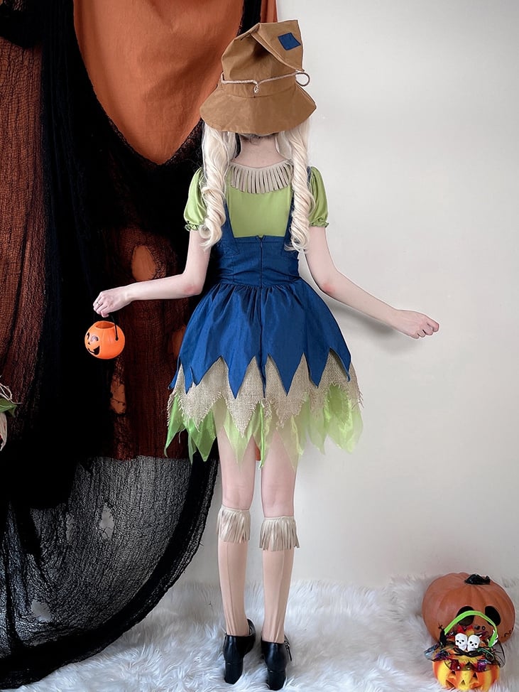 Halloween Green Blouse and Blue Dress Scarecrow Costume mySite