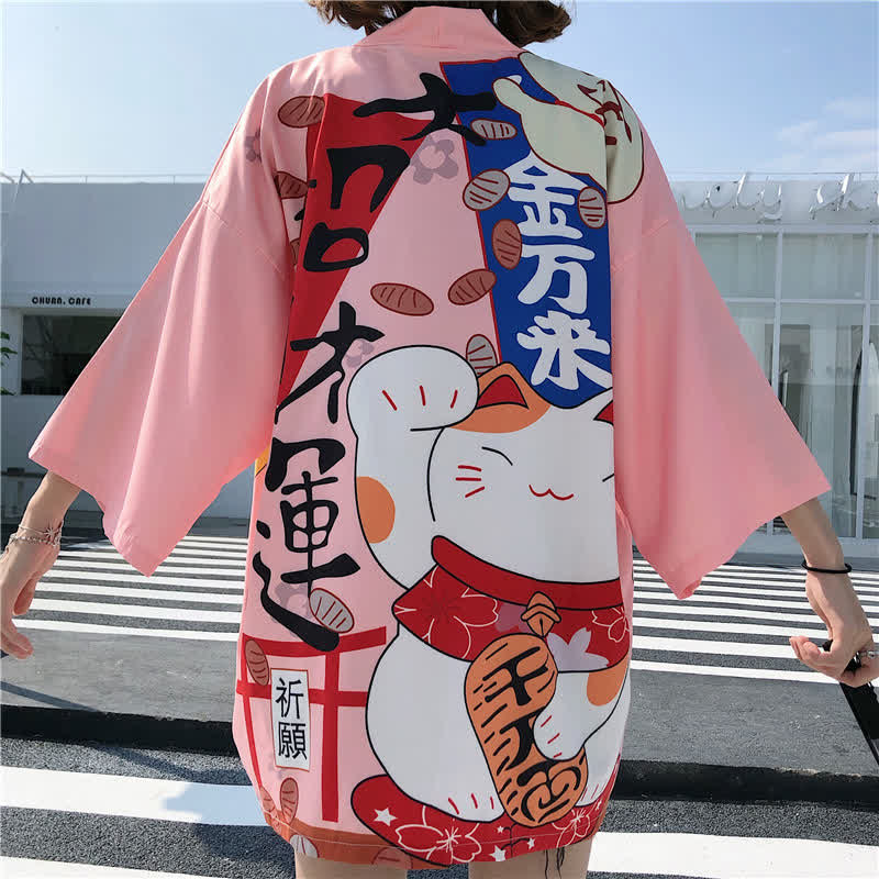 Lucky Cat Letter Print Cardigan Kimono Outerwear modakawa