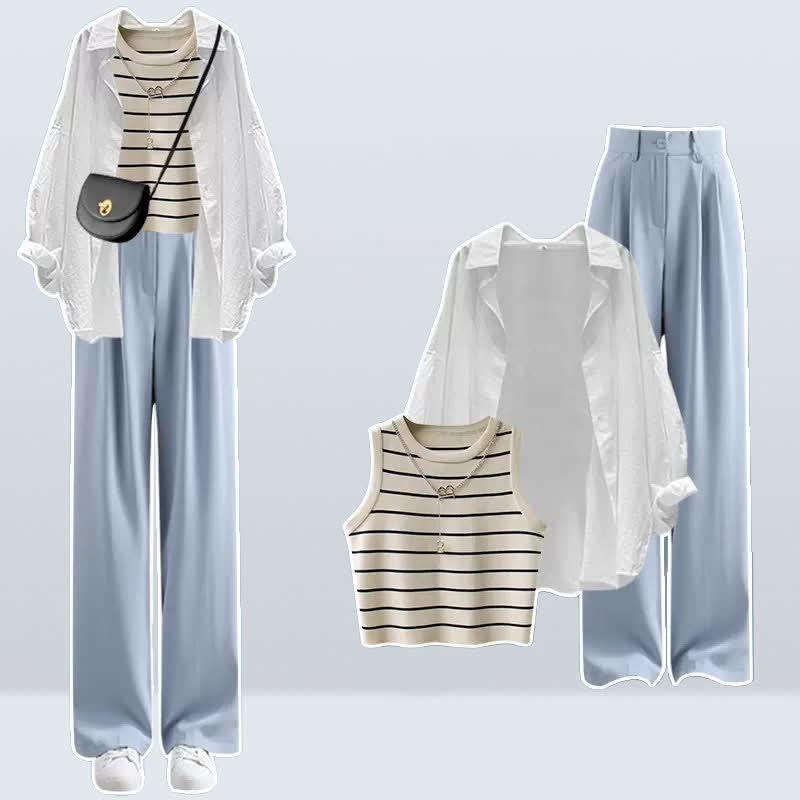 Chic Stripe Cami Top Long Sleeve Shirt High Waist Casual Pants modakawa