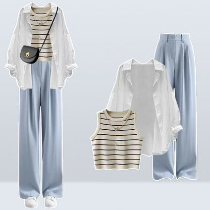 Chic Stripe Cami Top Long Sleeve Shirt High Waist Casual Pants modakawa