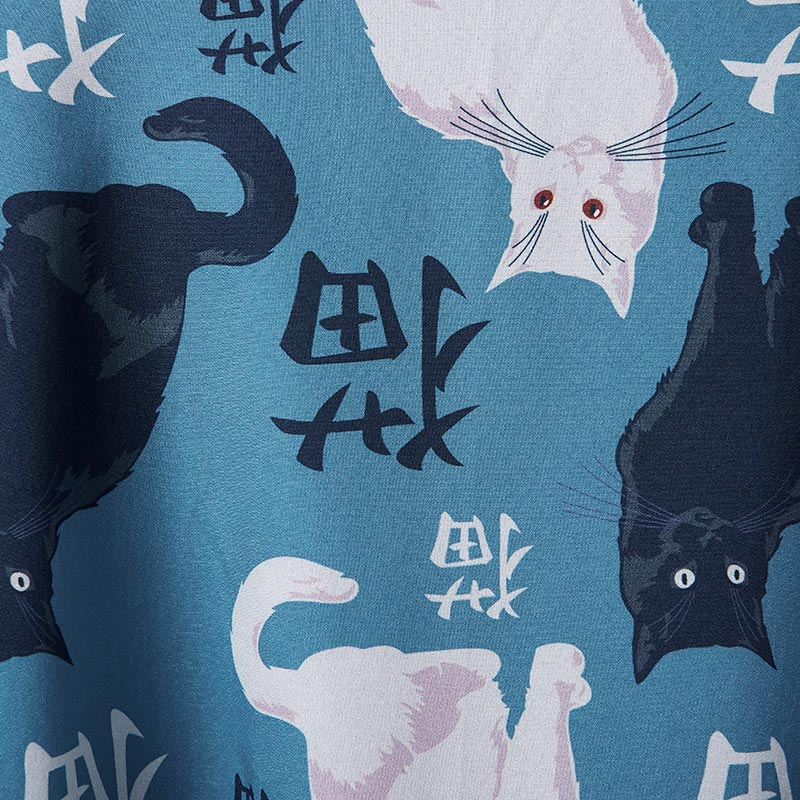 Cute Blue Cat Print Casual Kimono Outerwear Modakawa