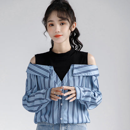 Fake Two Piece Striped Strapless Shirt Modakawa