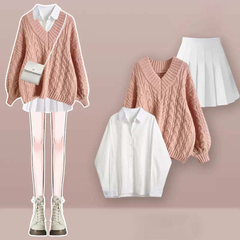 V-neck Cable Sweater Lapel Shirt Pleated Skirt Set modakawa