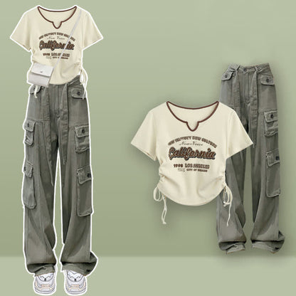 Casual Letter Print Drawstring Crop Top T-Shirt Pocketed Cargo Pants modakawa