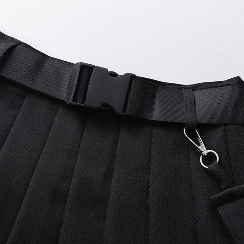 Black Cool Buckle Strap Zipper Crop Top Belted Pleated Skirt modakawa