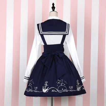 Sailor Collar Shirt Cartoon Dolphin Print Suspender Skirt modakawa