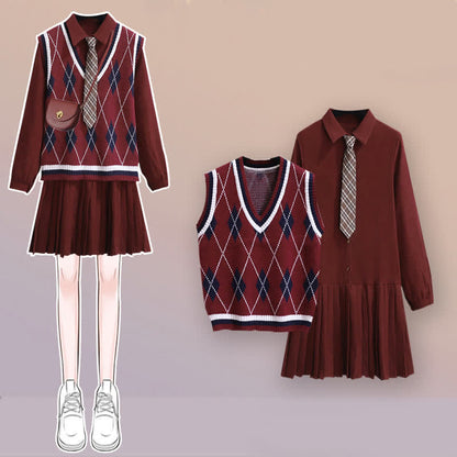 Lapel Tie Pleated Shirt Dress Rhombus Print Vest Set modakawa