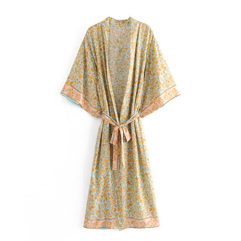 Boho Floral Print Belt Robe Long Cardigan Outerwear modakawa