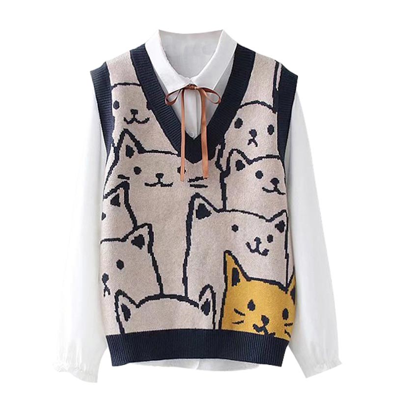 Cute Kitty Print Vest Lace Up Shirt Set Modakawa