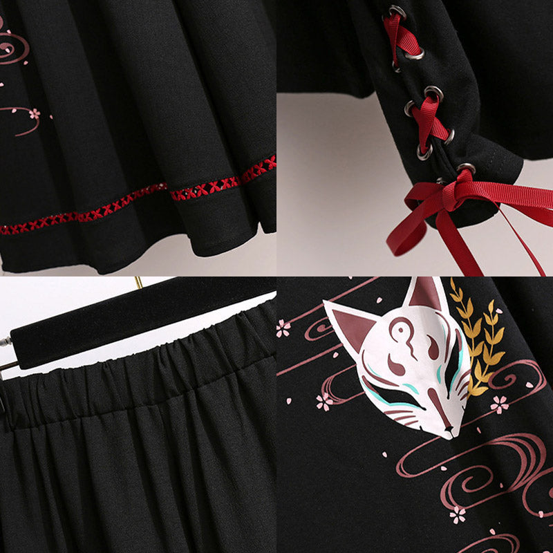 Black Sakura Fox Print Lace Up T-Shirt Wide Leg Pants Modakawa