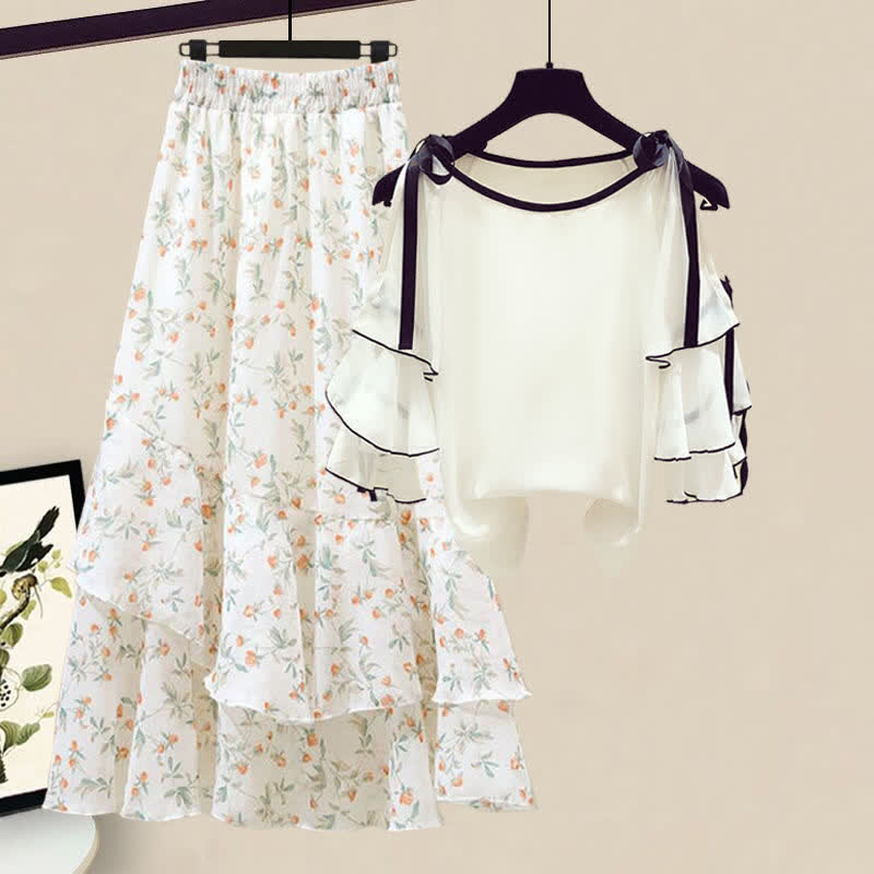 Floral Print Shoulder Chiffon Shirt Flowers Skirt modakawa