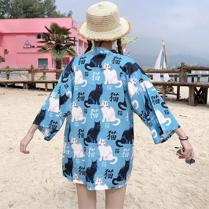 Cute Blue Cat Print Casual Kimono Outerwear Modakawa