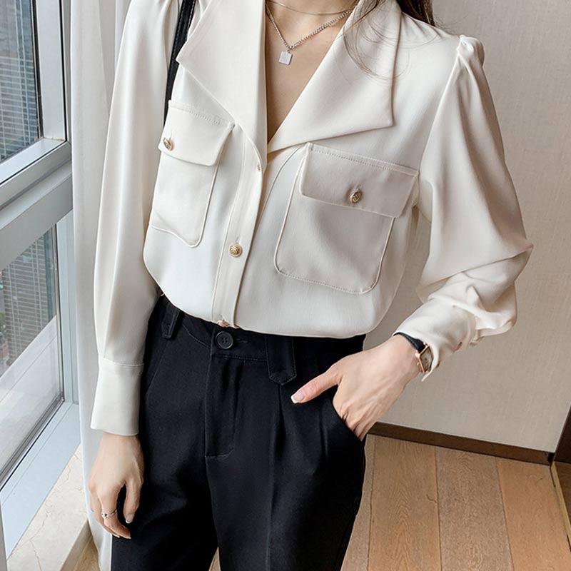 White Casual Lapel Neck Pocket Shirt Modakawa