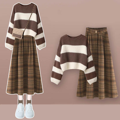 Brown Colorblock Stripe Sweater Plaid Print Skirt Modakawa